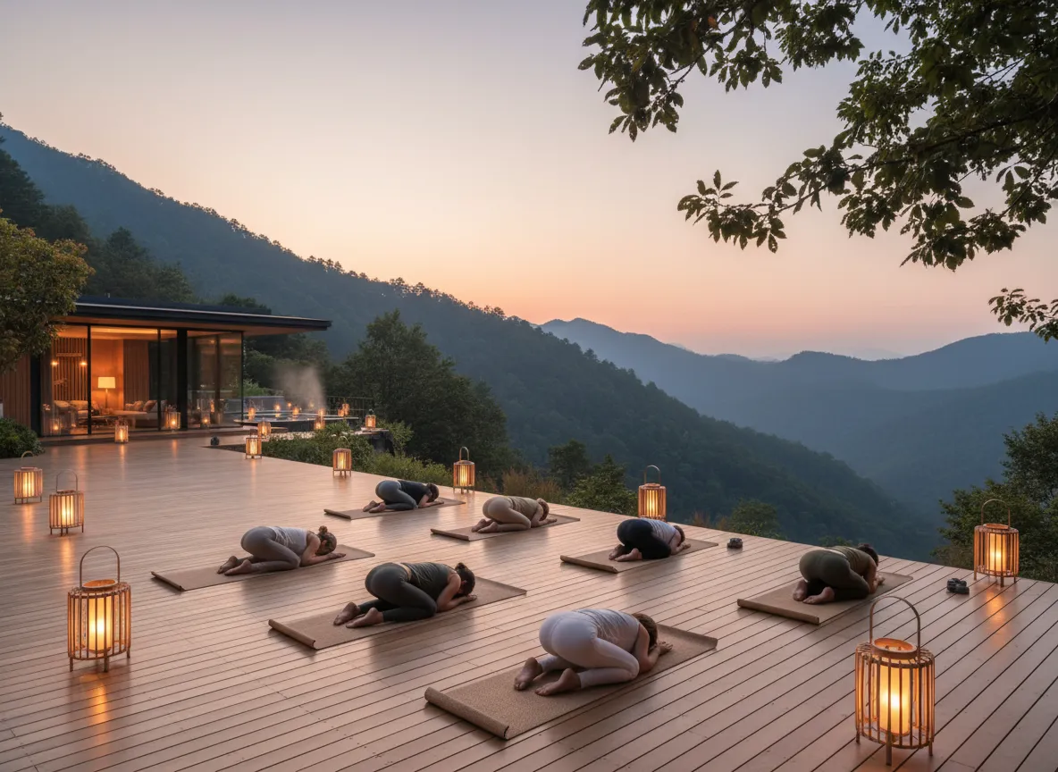 Outdoor yoga and spa retreat in the mountains